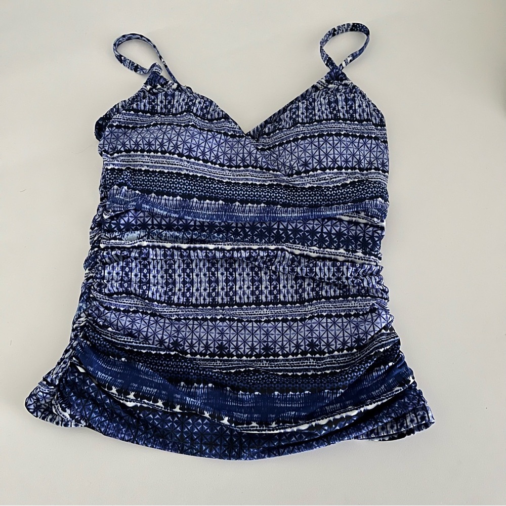 Garnet‎ Hill Sz 4 Navy Blue Mosaic Ruched Surplice Tankini Swim Top